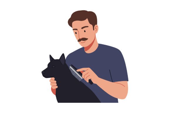 A Man Grooming a Black Dog in a Flat Vec for Graphics and Illustrations