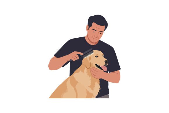 A Man Grooming a Golden Retriever with a Graphics and Illustrations