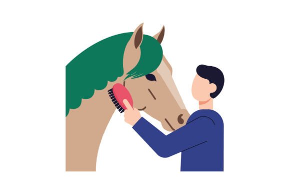 A Person Grooming a Horse with a Green M for Graphics and Illustrations