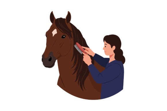 A Woman Grooming a Brown Horse with a Co Graphics and Illustrations