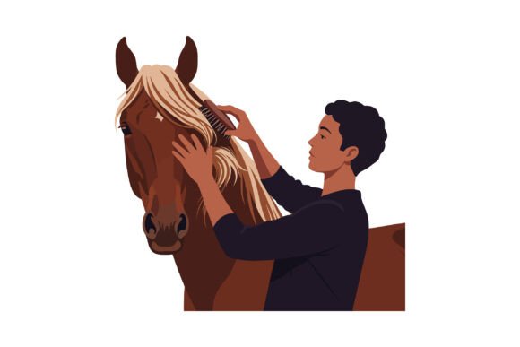A Young Man Grooming a Brown Horse with Graphics and Illustrations