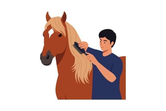 A Young Man Grooming a Horse with a Brus Graphics and Illustrations