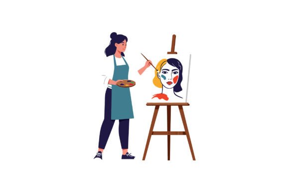 A Young Woman Artist in an Apron Paintin Graphics & Illustrations