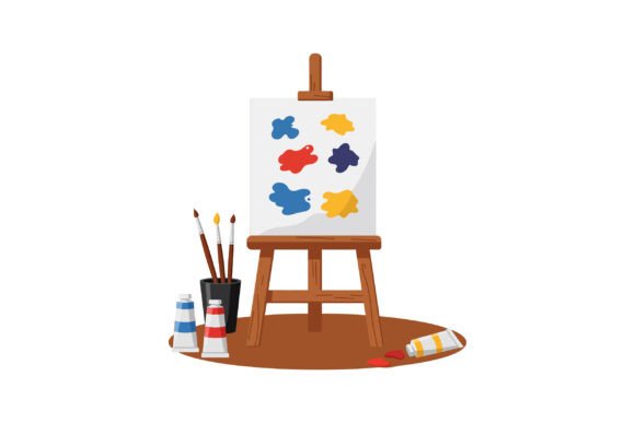 Artist Easel with Paint Tubes and Brushe Graphics and Illustrations