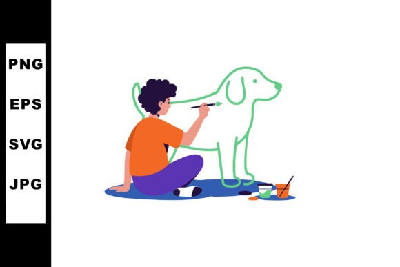 Child Painting Large Dog Outline with Gr Graphics