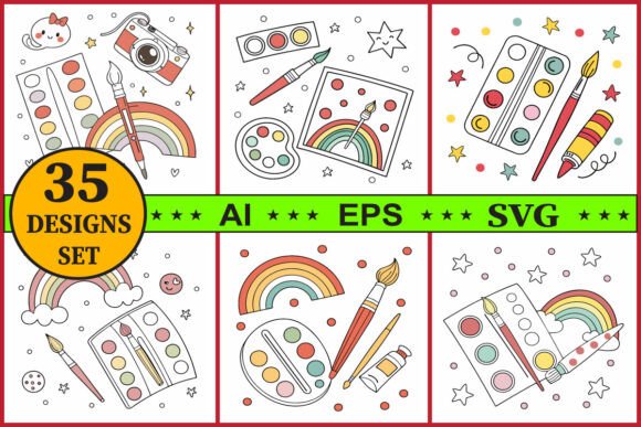 Colorful Art Supplies Paint Vector Set Graphics & Illustrations
