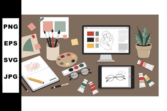 Creative Workspace with Art Supplies Dig Graphics and Illustrations Review