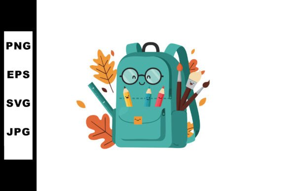 Cute Teal Backpack with Smiling Statione Graphics and Illustrations