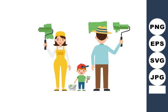Family Painting Walls Together with Gree Graphics & Illustrations Review