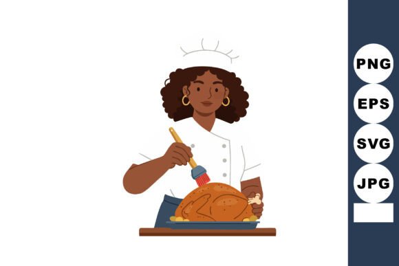 Female Chef Cooking Roasted Turkey Brush: Graphics for Illustrations
