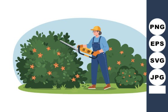 Gardener Trimming Green Bushes with Oran Graphics & Illustrations