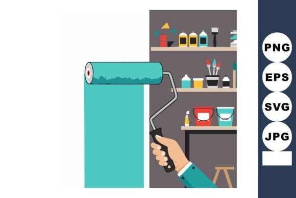 Paint Roller Applying Blue Paint on Wall Graphics and Illustrations