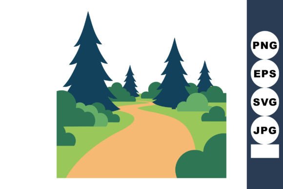 Pine Tree Forest Path with Green Bushes Graphics and Illustrations Review