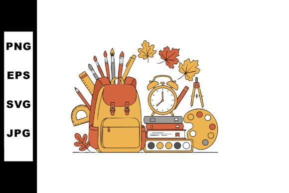 School Supplies and Autumn Leaves with C Graphics for Illustrations