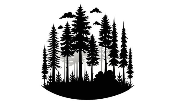 Silhouette Forest with Clouds and Bushes Graphics for Crafts