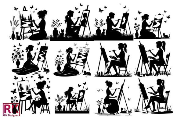 Silhouette of a Woman Painting SVG Bundl Graphics for Crafts