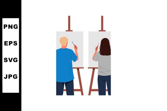 Two People Painting on Easels in Creativ Graphics and Illustrations