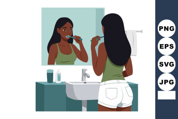 Woman Brushing Teeth in Bathroom Mirror: Fresh Graphics & Illustrations