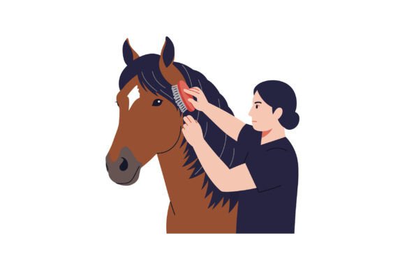Woman Grooming a Brown Horse with a Brus: Graphics & Illustrations Review