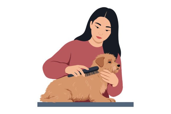 Woman Grooming a Small Dog with a Brush Graphics and Illustrations
