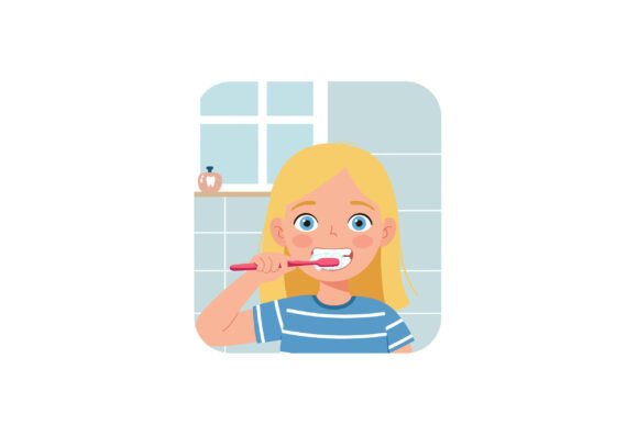 Young Girl Brushing Her Teeth in a Brigh Graphics